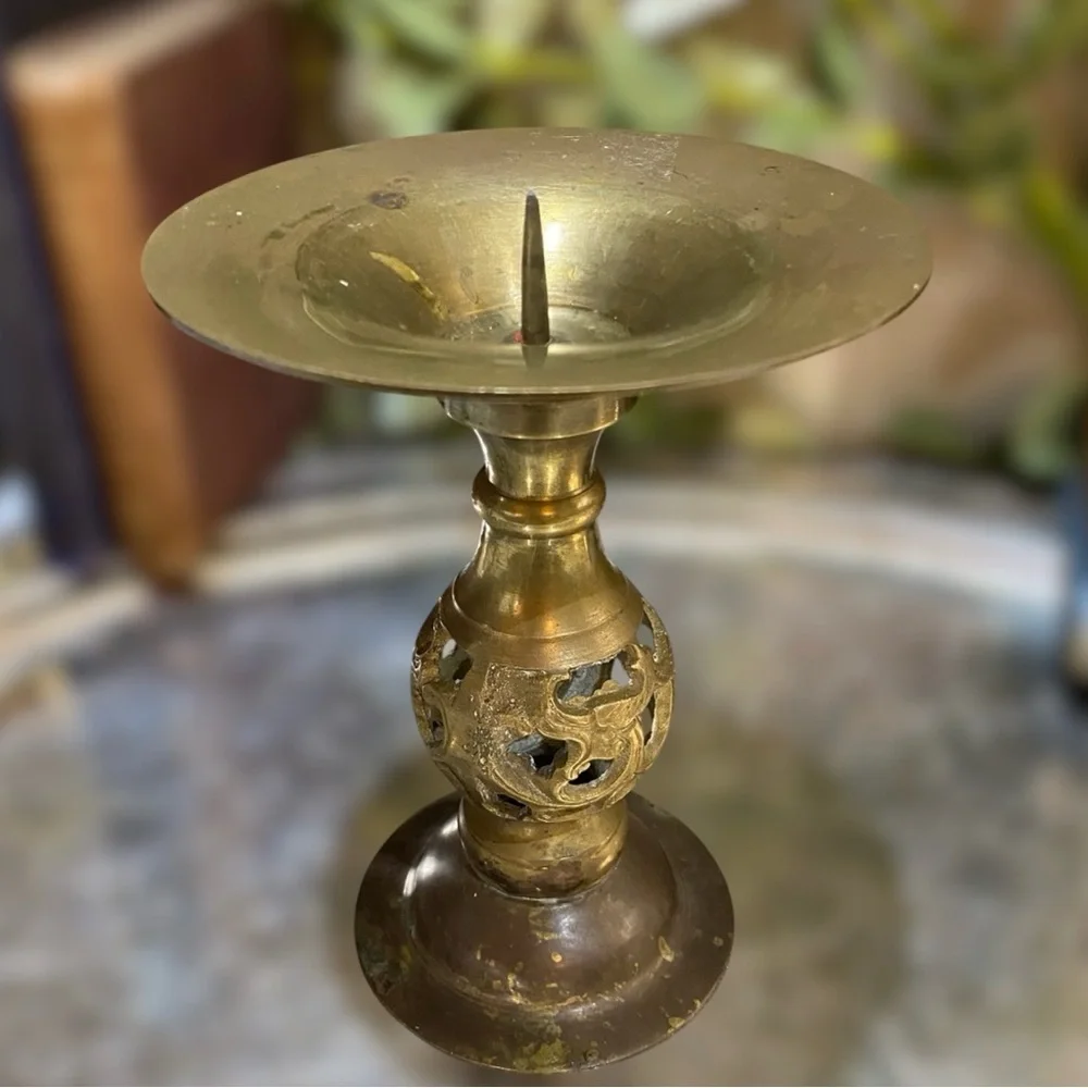 Vintage Solid Brass Open Work Pedestal Candle Holder Spike Plate Pillar